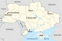 Grafik: Karte: NordNordWest, Lizenz: Creative Commons by-sa-3.0 de (https://commons.wikimedia.org/wiki/File:Ukraine_adm_location_map.svg), „Ukraine adm location map“, Markierung von Rems-Zeitung, https://creativecommons.org/licenses/by-sa/3.0/de/legalcode